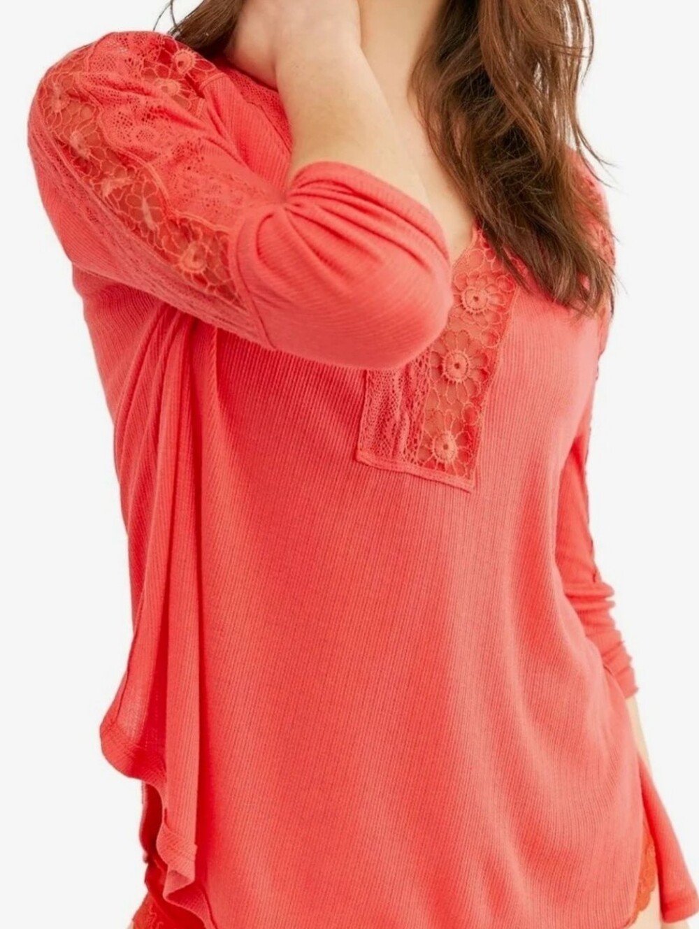 Free People Lola Long Sleeve Top in Rose Crimson Size XL Lace Floral Boho
